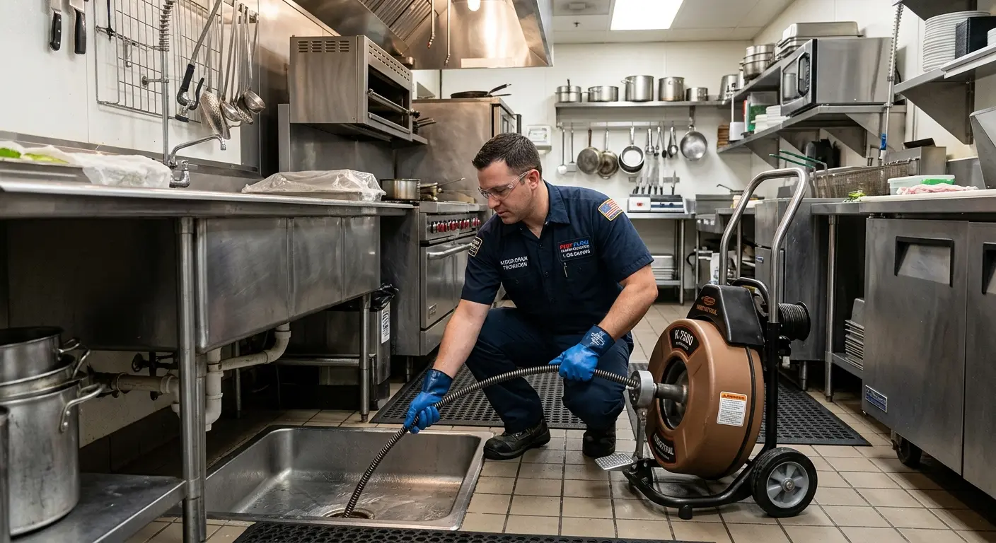 Commercial drain cleaning service in a restaurant kitchen in Paris