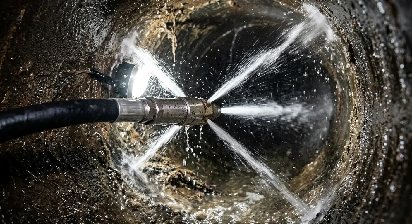 High-pressure hydro jetting nozzle cleaning sewer pipe for Emergency Drain Service in Paris